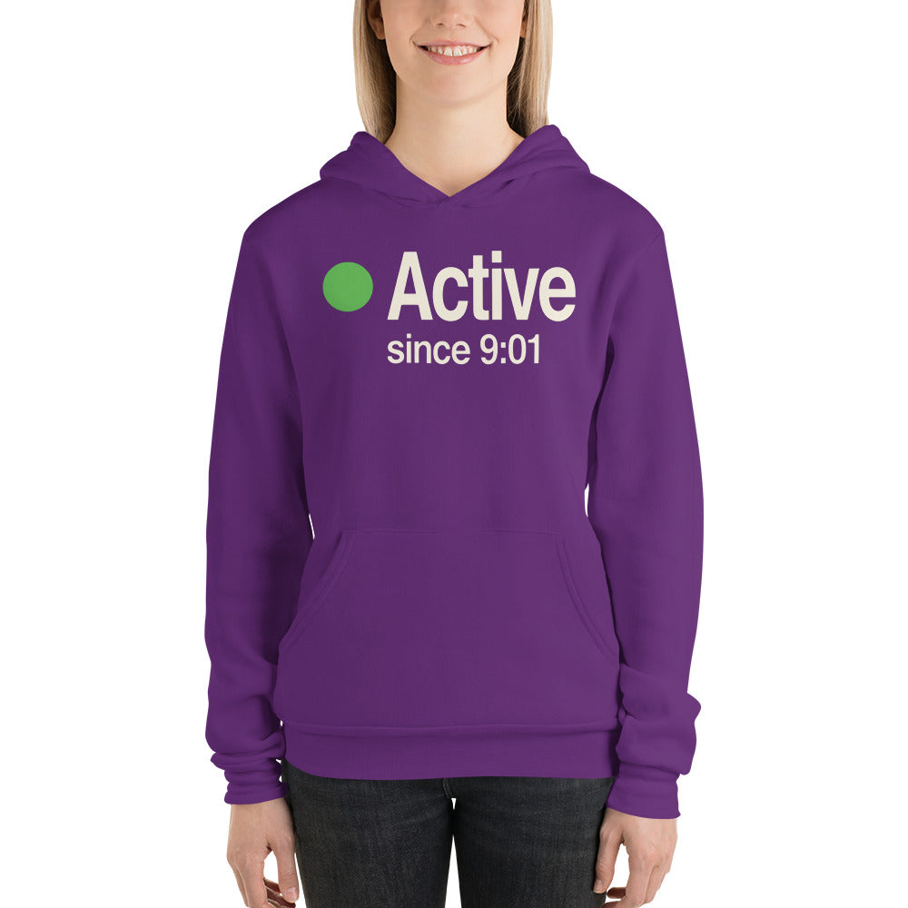 Active Since 9:01 presence status unisex hoodie — Team Purple, on model