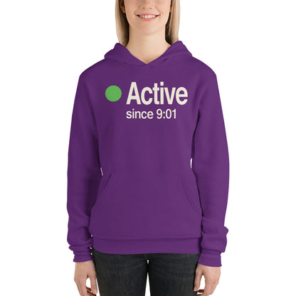 Active Since 9:01 presence status unisex hoodie — Team Purple, on model