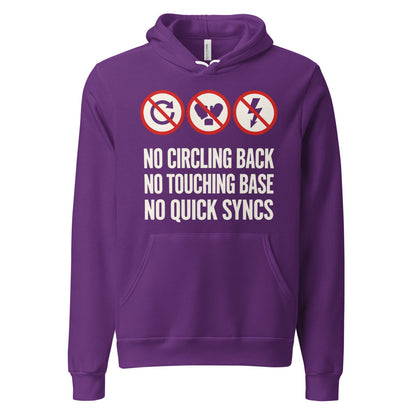 No Circling Back corporate jargon prohibition signs pullover hoodie — Team Purple, front