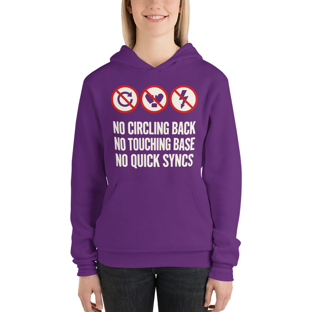 No Circling Back corporate jargon prohibition signs pullover hoodie — Team Purple, on model