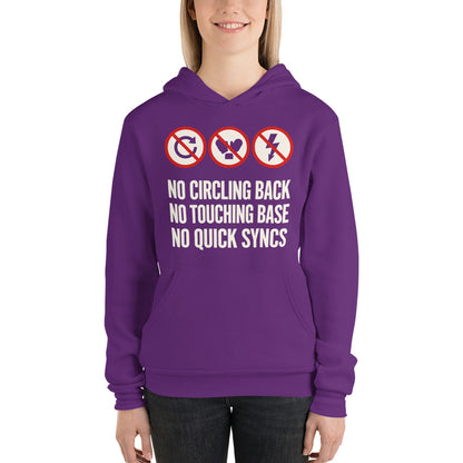 No Circling Back corporate jargon prohibition signs pullover hoodie — Team Purple, on model