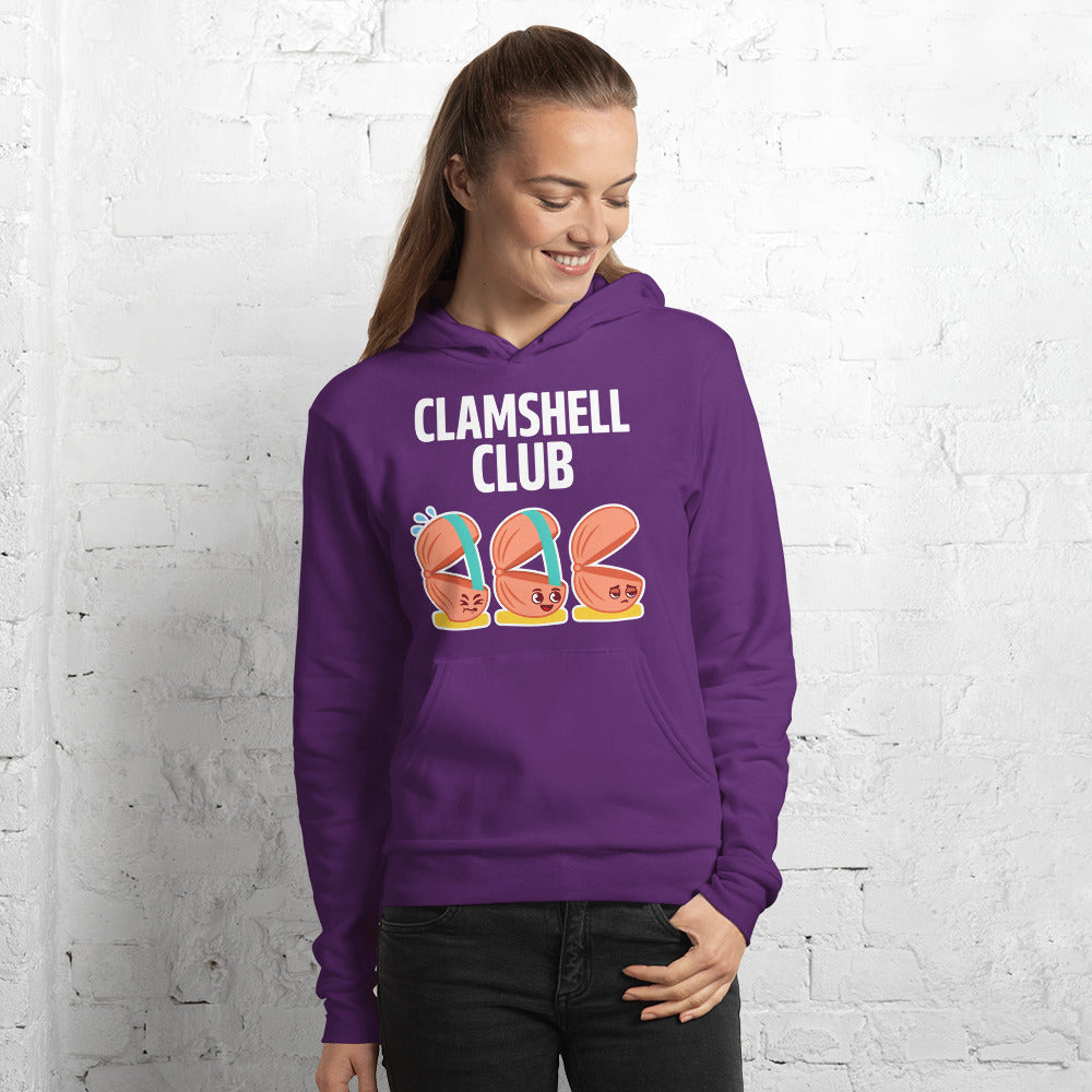 Clamshell Club funny physical therapy hoodie — Team Purple, on model