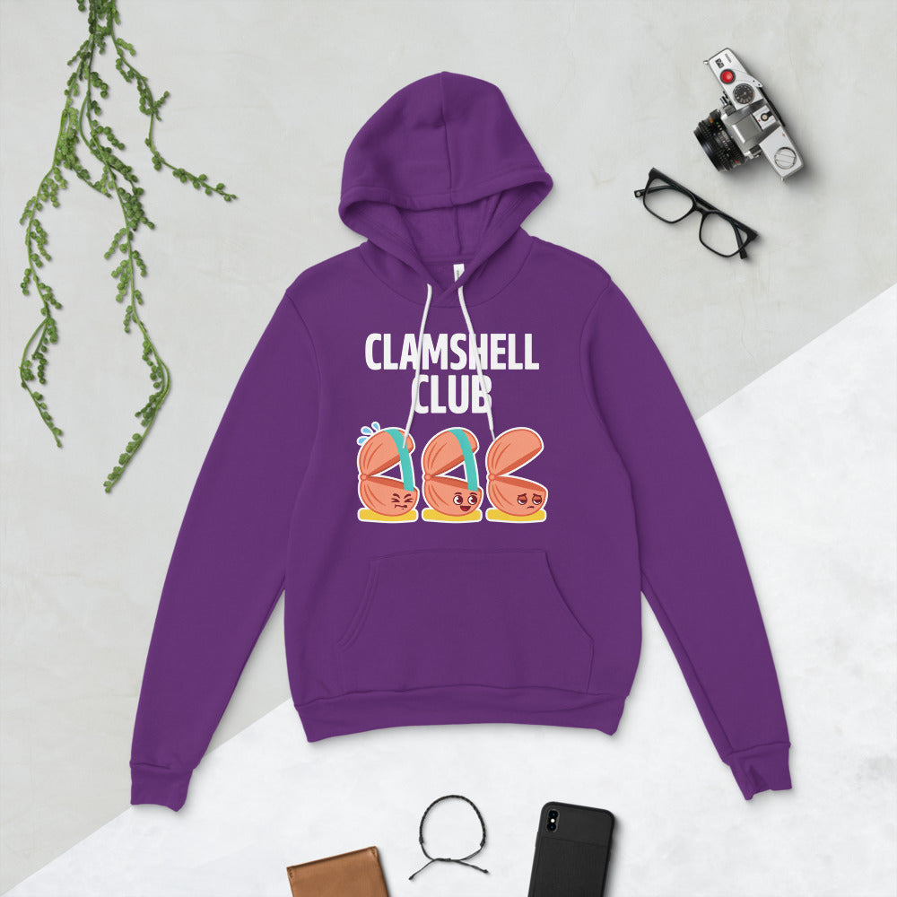 Clamshell Club funny physical therapy hoodie — Team Purple, flat lay