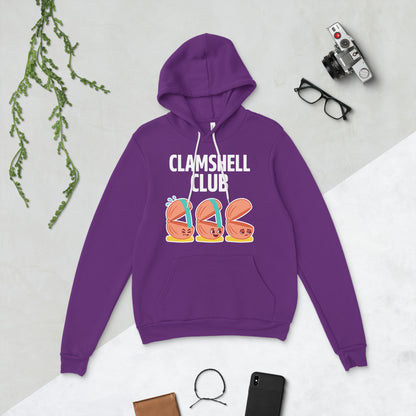 Clamshell Club funny physical therapy hoodie — Team Purple, flat lay