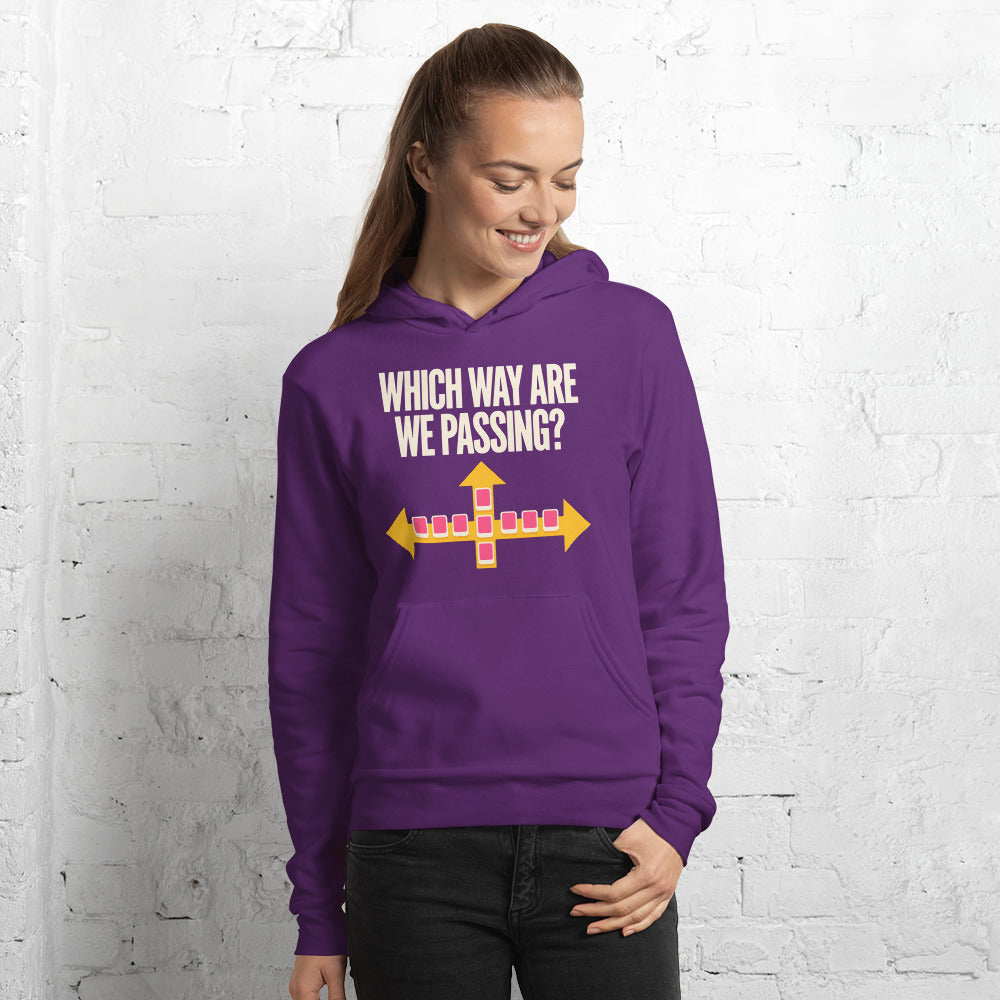 Which Way Are We Passing funny mahjong hoodie — Team Purple, on model