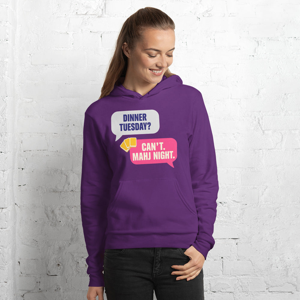 Mahj Night funny mahjong hoodie — Team Purple, on model
