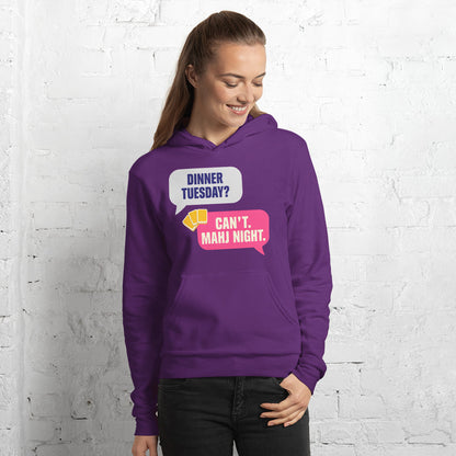 Mahj Night funny mahjong hoodie — Team Purple, on model