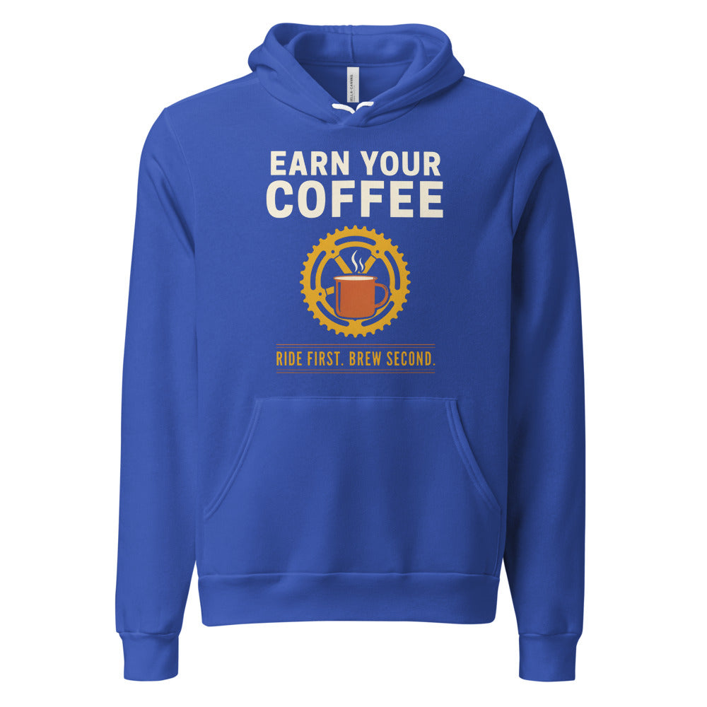 Earn Your Coffee retro cycling coffee hoodie — True Royal, front
