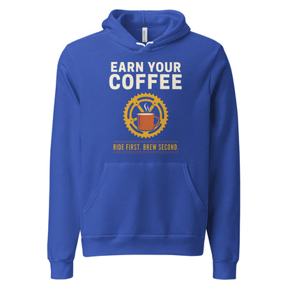 Earn Your Coffee retro cycling coffee hoodie — True Royal, front