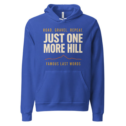 Just One More Hill retro cycling climb hoodie — True Royal, front