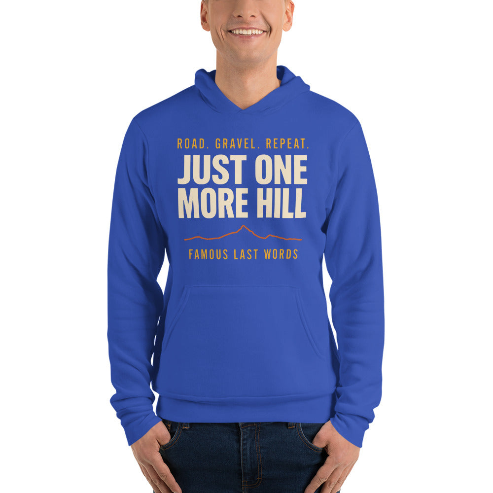 Just One More Hill retro cycling climb hoodie — True Royal, on model