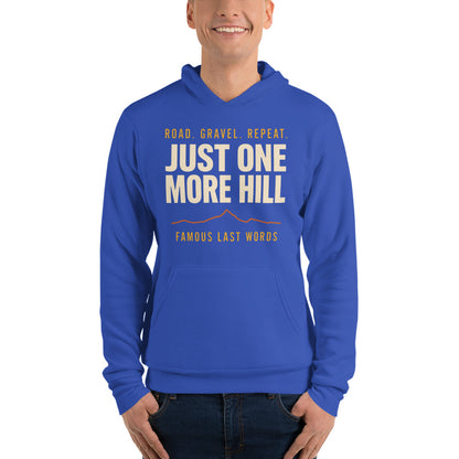 Just One More Hill retro cycling climb hoodie — True Royal, on model