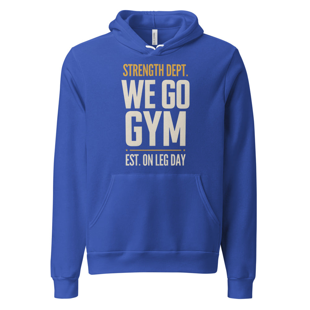 We Go Gym vintage athletic hoodie — True Royal, front