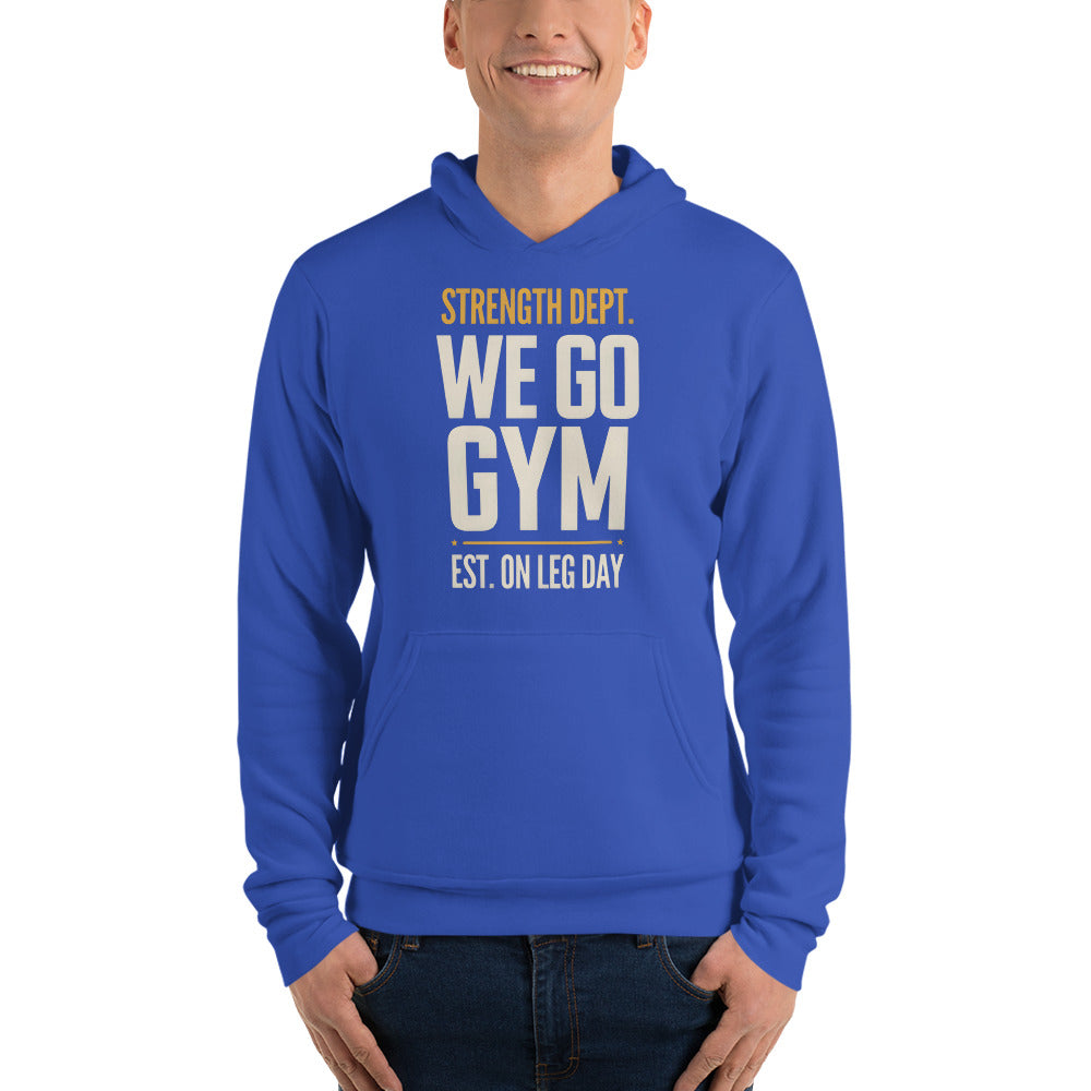 We Go Gym vintage athletic hoodie — True Royal, on model