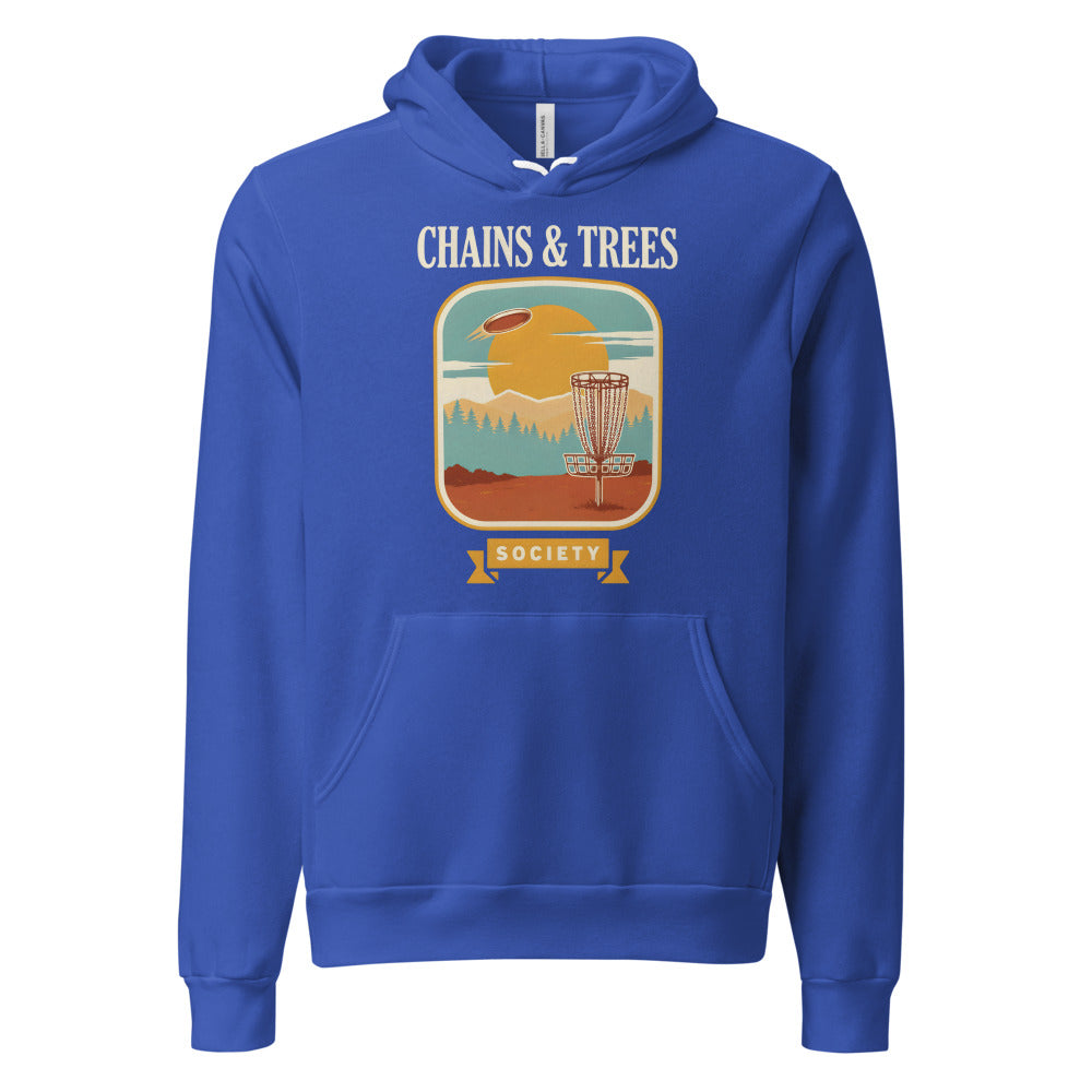 Chains & Trees Society disc golf retro landscape hoodie — True Royal, front