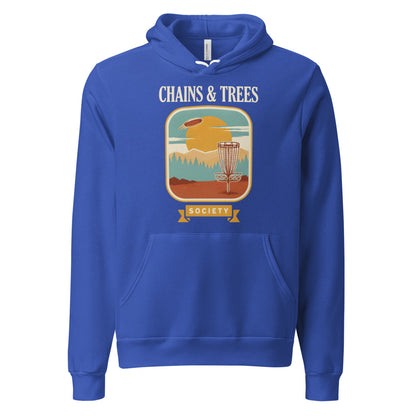 Chains & Trees Society disc golf retro landscape hoodie — True Royal, front