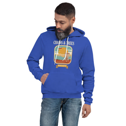 Chains & Trees Society disc golf retro landscape hoodie — True Royal, on model