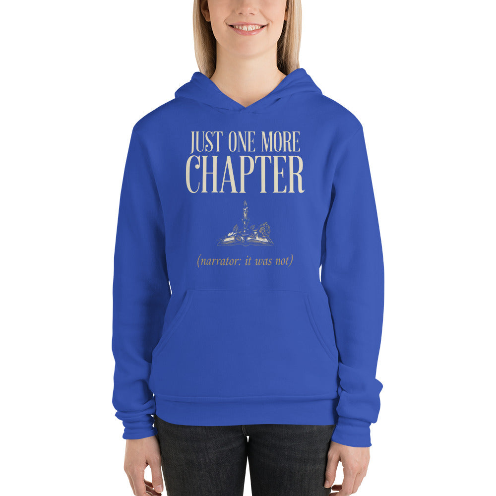 Just One More Chapter book lover dark academia hoodie — True Royal, on model