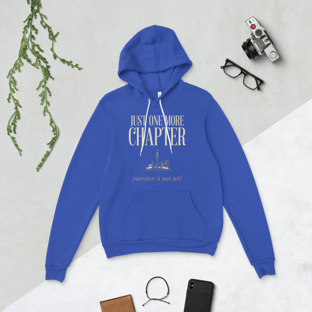 Just One More Chapter book lover dark academia hoodie — True Royal, flat lay