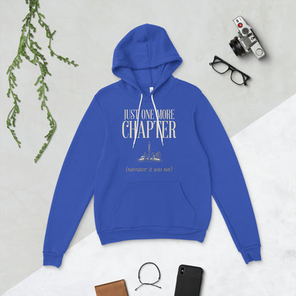 Just One More Chapter book lover dark academia hoodie — True Royal, flat lay