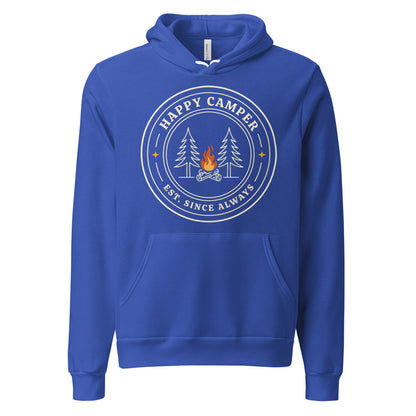 Happy Camper retro camp badge hoodie — True Royal, front