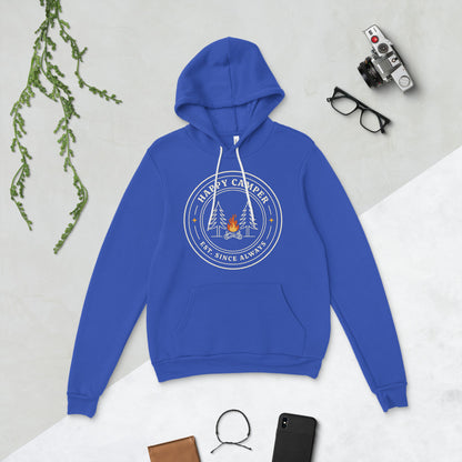 Happy Camper retro camp badge hoodie — True Royal, flat lay