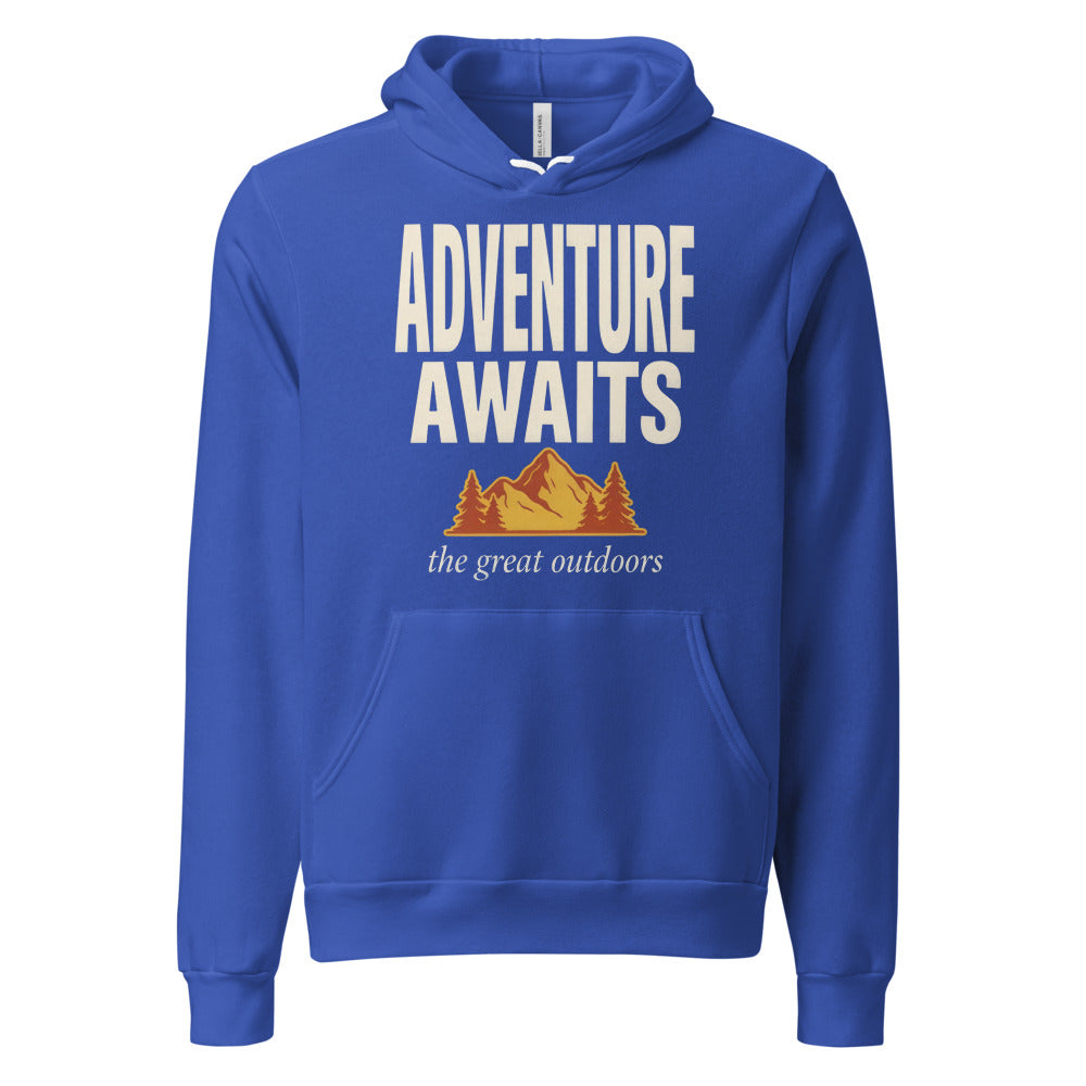 Adventure Awaits retro outdoors typography hoodie — True Royal, front