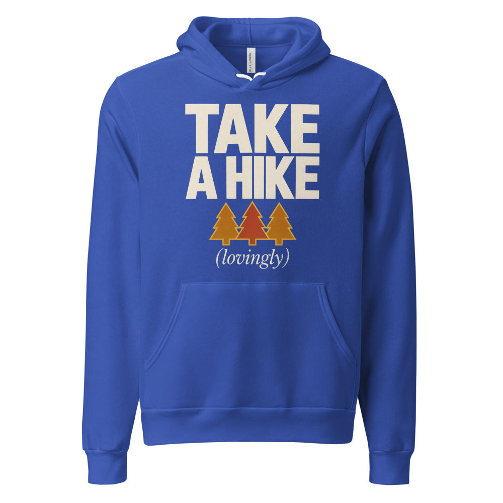 Take a Hike retro outdoors humor typography hoodie — True Royal, front