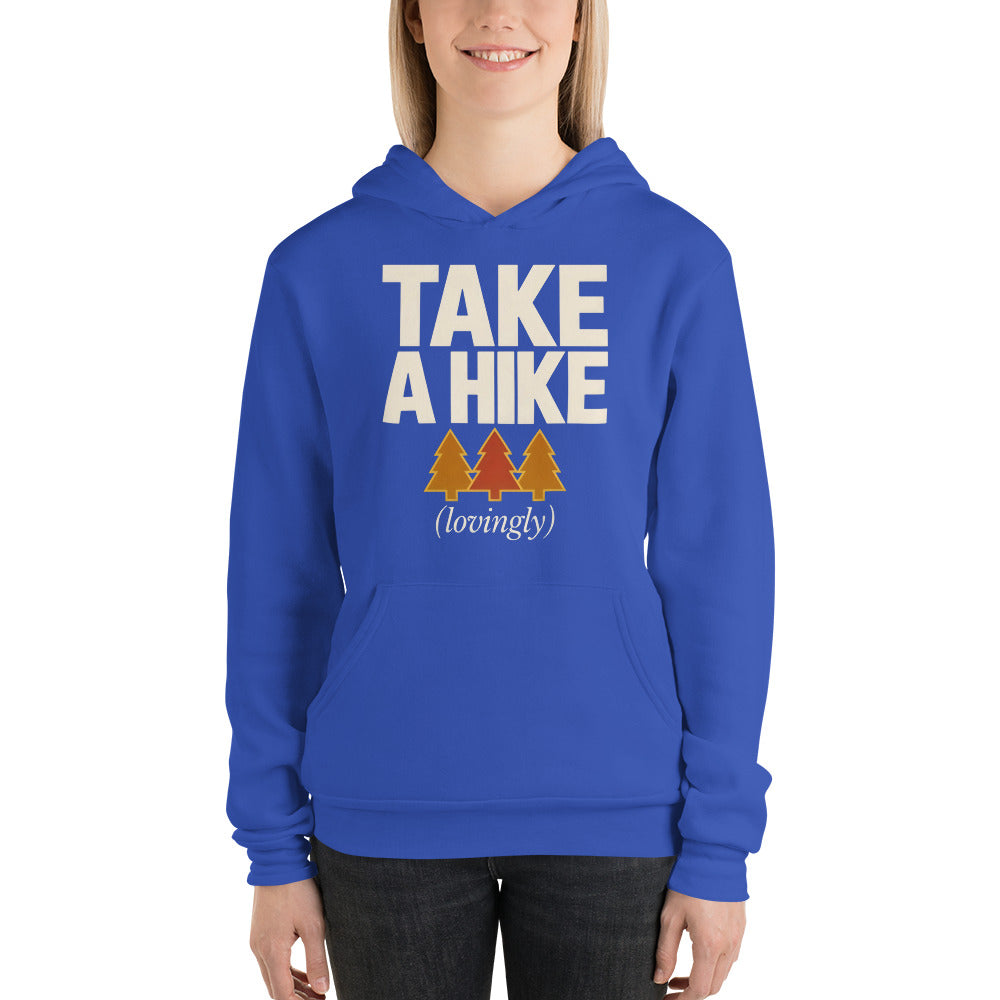 Take a Hike retro outdoors humor typography hoodie — True Royal, on model
