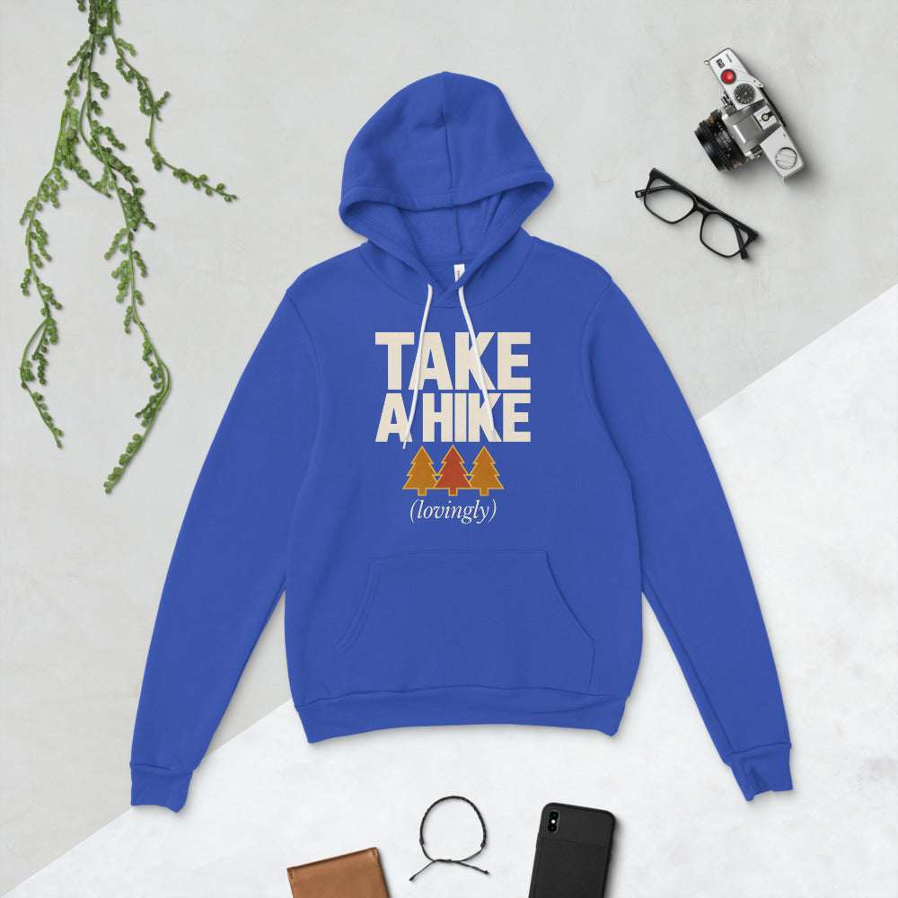 Take a Hike retro outdoors humor typography hoodie — True Royal, flat lay