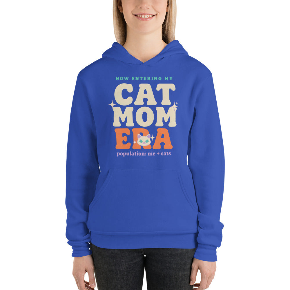 Cat Mom Era retro Y2K hoodie — True Royal, on model