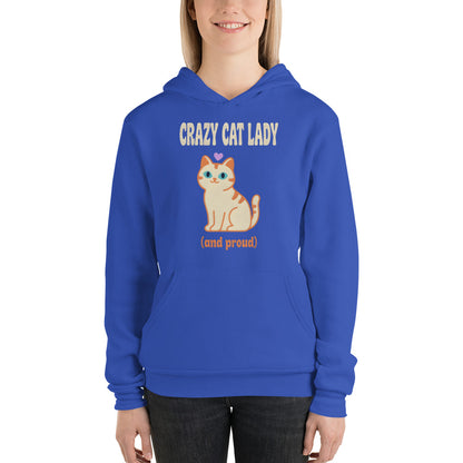 Crazy Cat Lady and Proud retro Y2K hoodie — True Royal, on model
