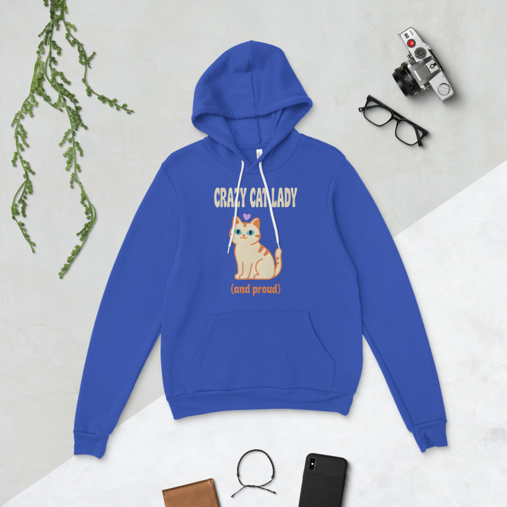 Crazy Cat Lady and Proud retro Y2K hoodie — True Royal, flat lay