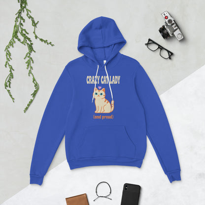 Crazy Cat Lady and Proud retro Y2K hoodie — True Royal, flat lay