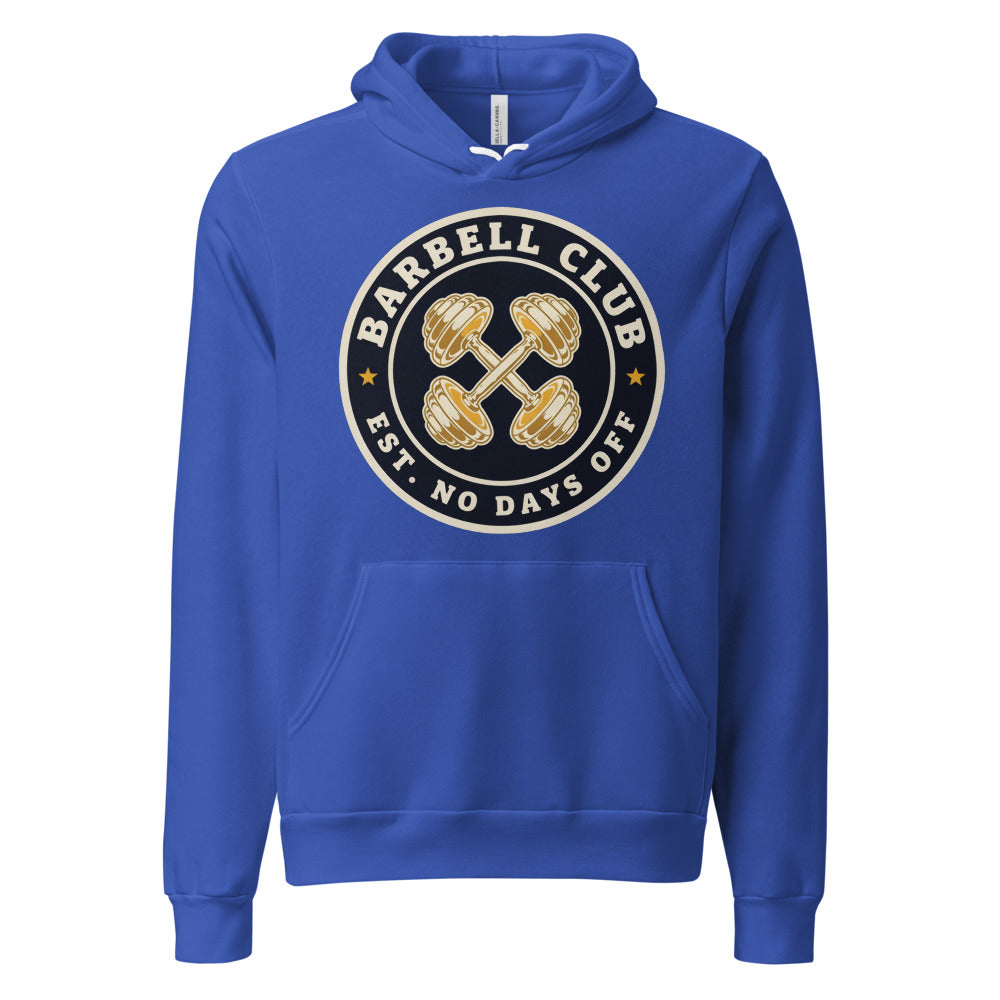 Barbell Club No Days Off vintage gym hoodie — True Royal, front