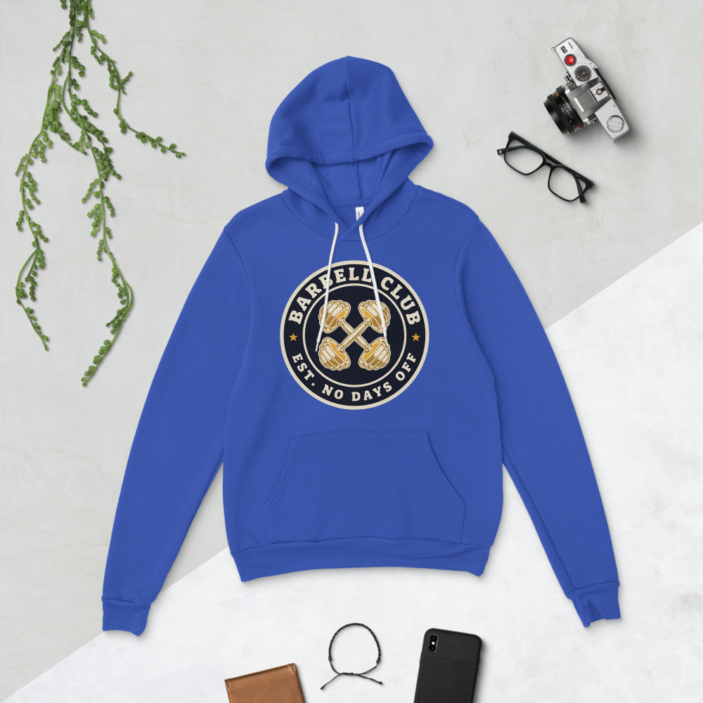 Barbell Club No Days Off vintage gym hoodie — True Royal, flat lay