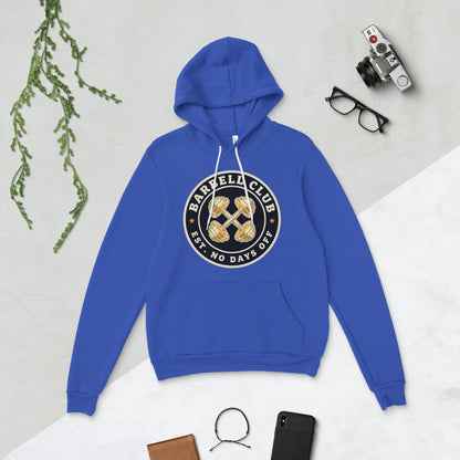 Barbell Club No Days Off vintage gym hoodie — True Royal, flat lay