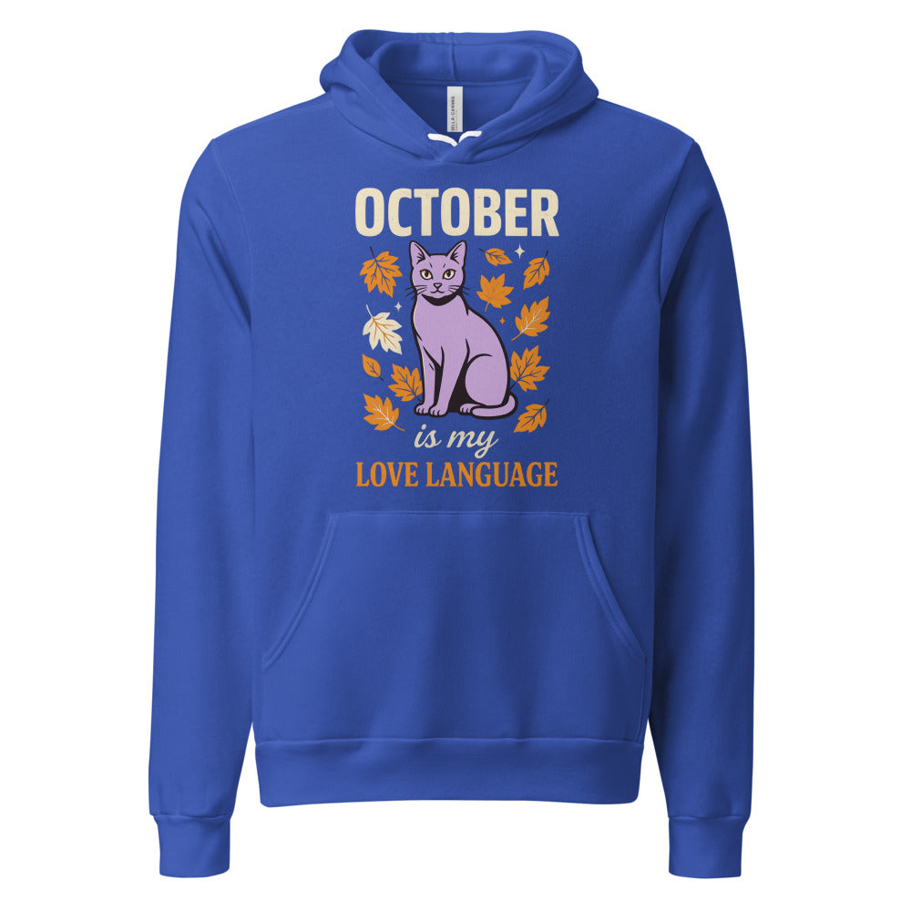 October Is My Love Language retro Halloween black cat hoodie — True Royal, front