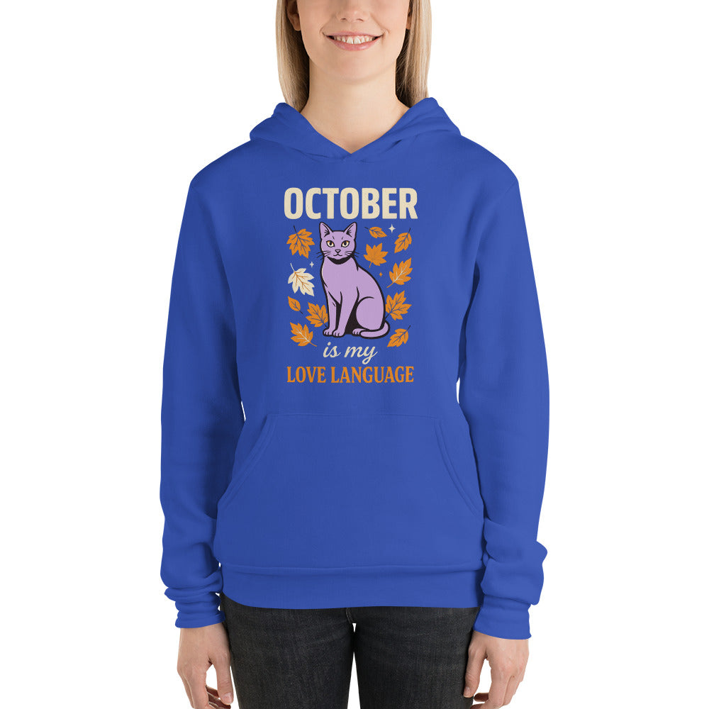 October Is My Love Language retro Halloween black cat hoodie — True Royal, on model