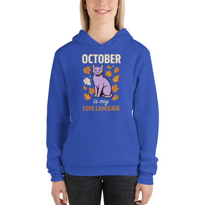 October Is My Love Language retro Halloween black cat hoodie — True Royal, on model