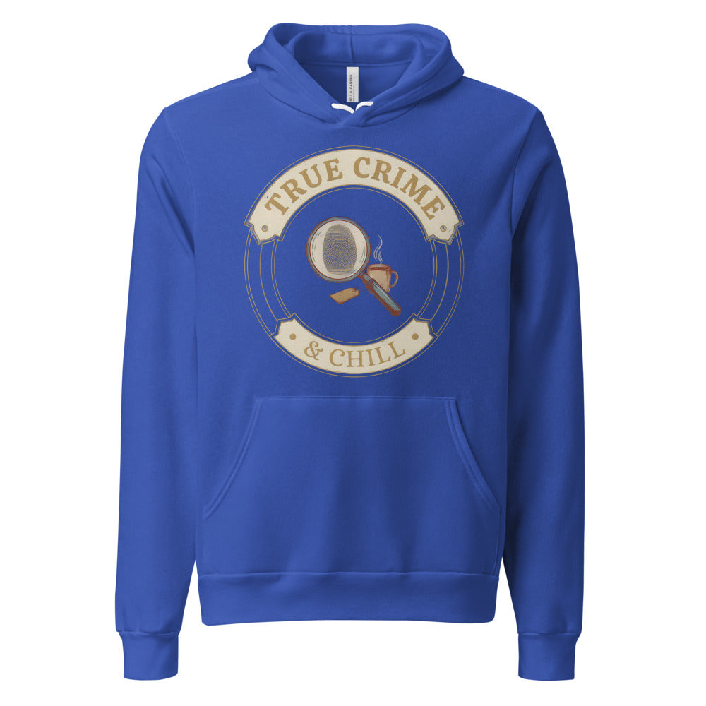 True Crime and Chill vintage case-file badge hoodie — True Royal, front