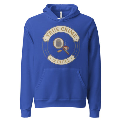 True Crime and Chill vintage case-file badge hoodie — True Royal, front