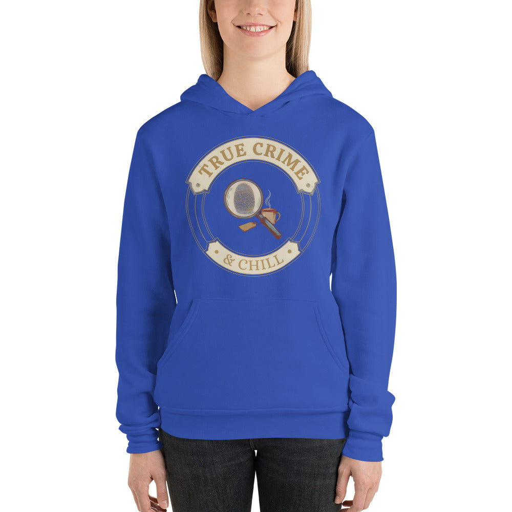 True Crime and Chill vintage case-file badge hoodie — True Royal, on model