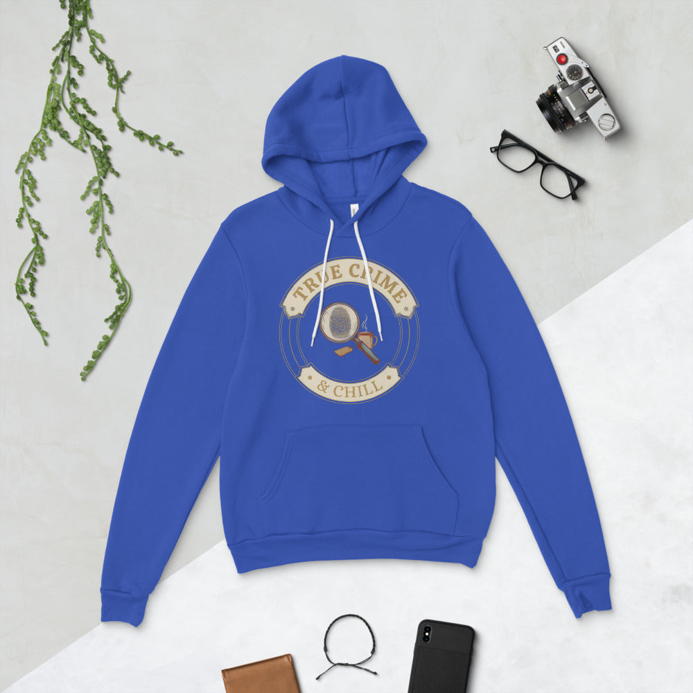 True Crime and Chill vintage case-file badge hoodie — True Royal, flat lay