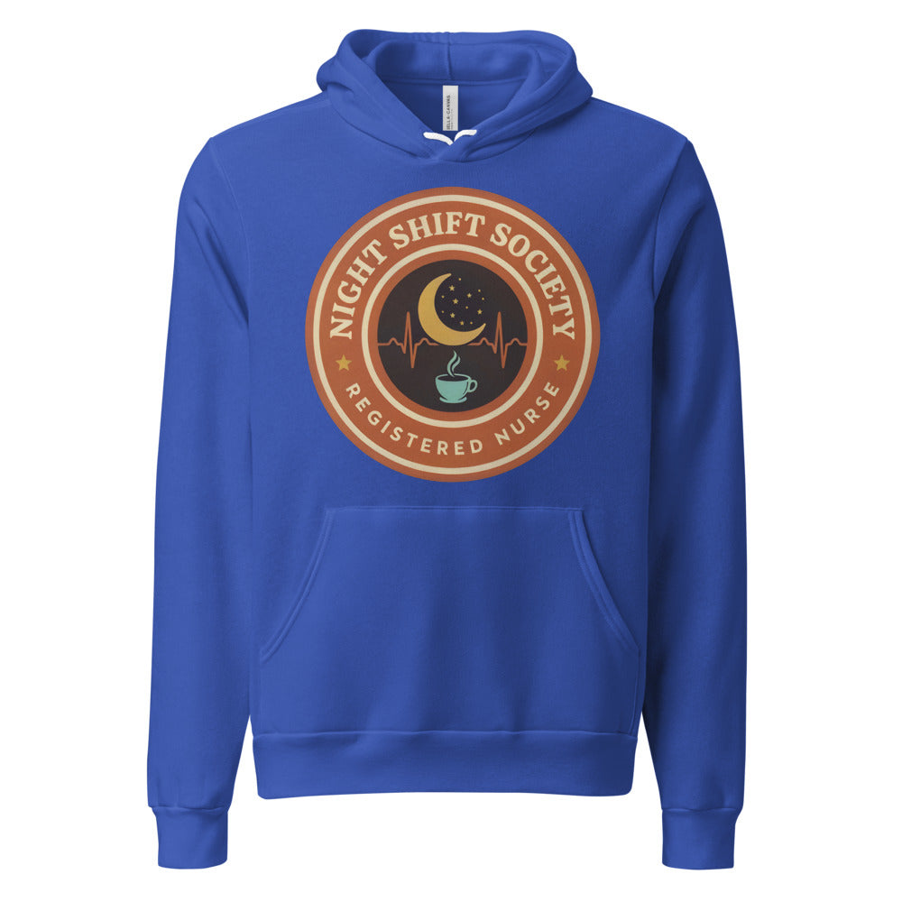 Night Shift Society retro registered nurse badge hoodie — True Royal, front