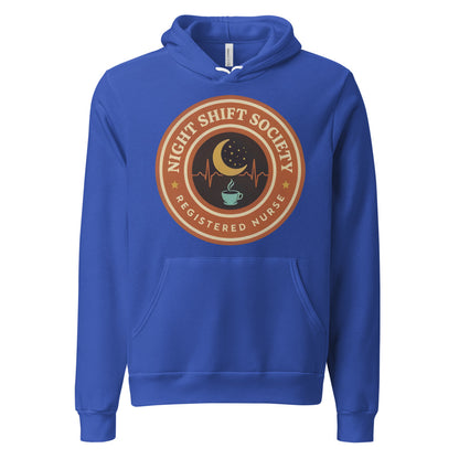 Night Shift Society retro registered nurse badge hoodie — True Royal, front