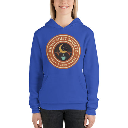 Night Shift Society retro registered nurse badge hoodie — True Royal, on model