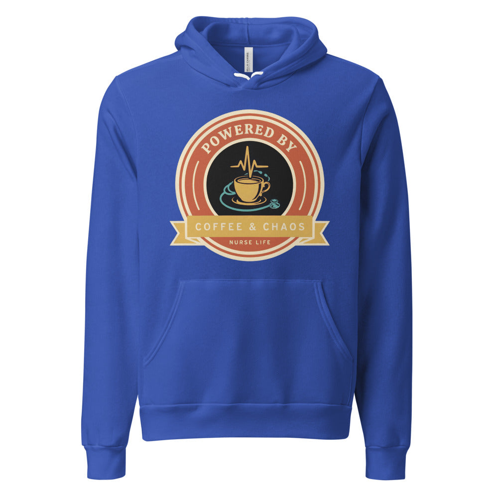 Powered by Coffee & Chaos retro nurse badge hoodie — True Royal, front