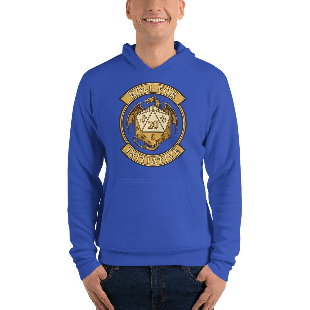 Roll For Initiative d20 dragon tabletop RPG hoodie — True Royal, on model