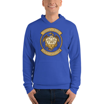 Roll For Initiative d20 dragon tabletop RPG hoodie — True Royal, on model